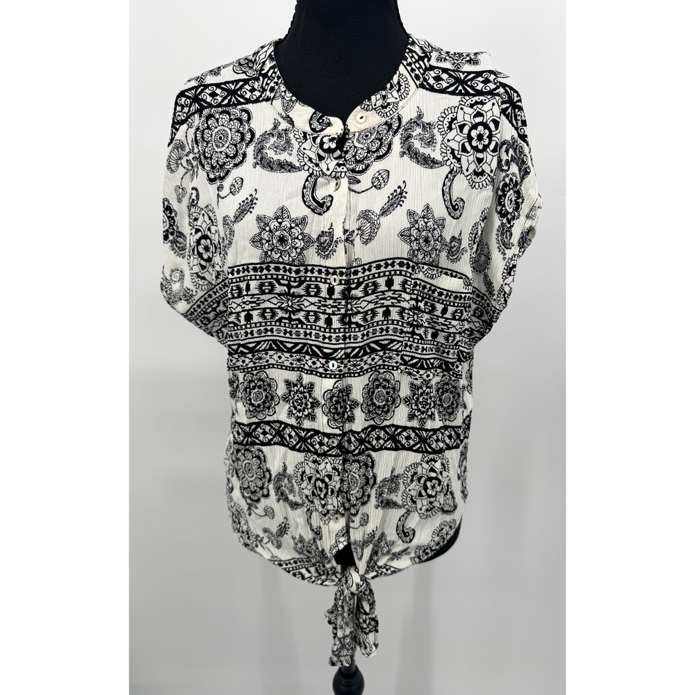 New Directions Blouse Womens Medium Black White Paisley Tie Front Excellent Boho